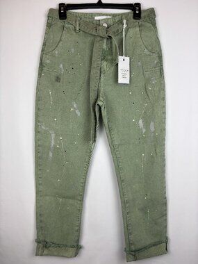 25 Risen Jeans Slouch Jeans Green Pants Abstract Multicolor Paint Belted Rolled